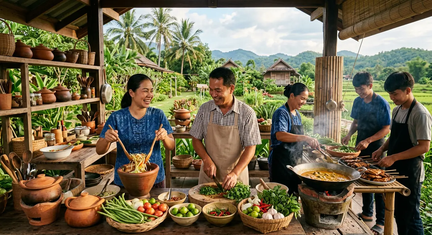 Hosts and team preparing fresh food in the garden kitchen