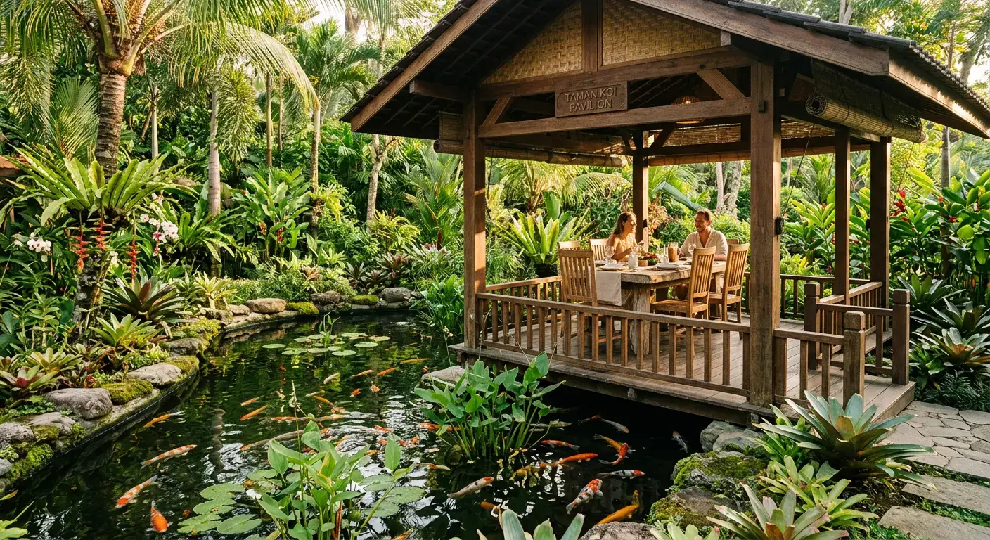 Outdoor dining pavilion by the pond