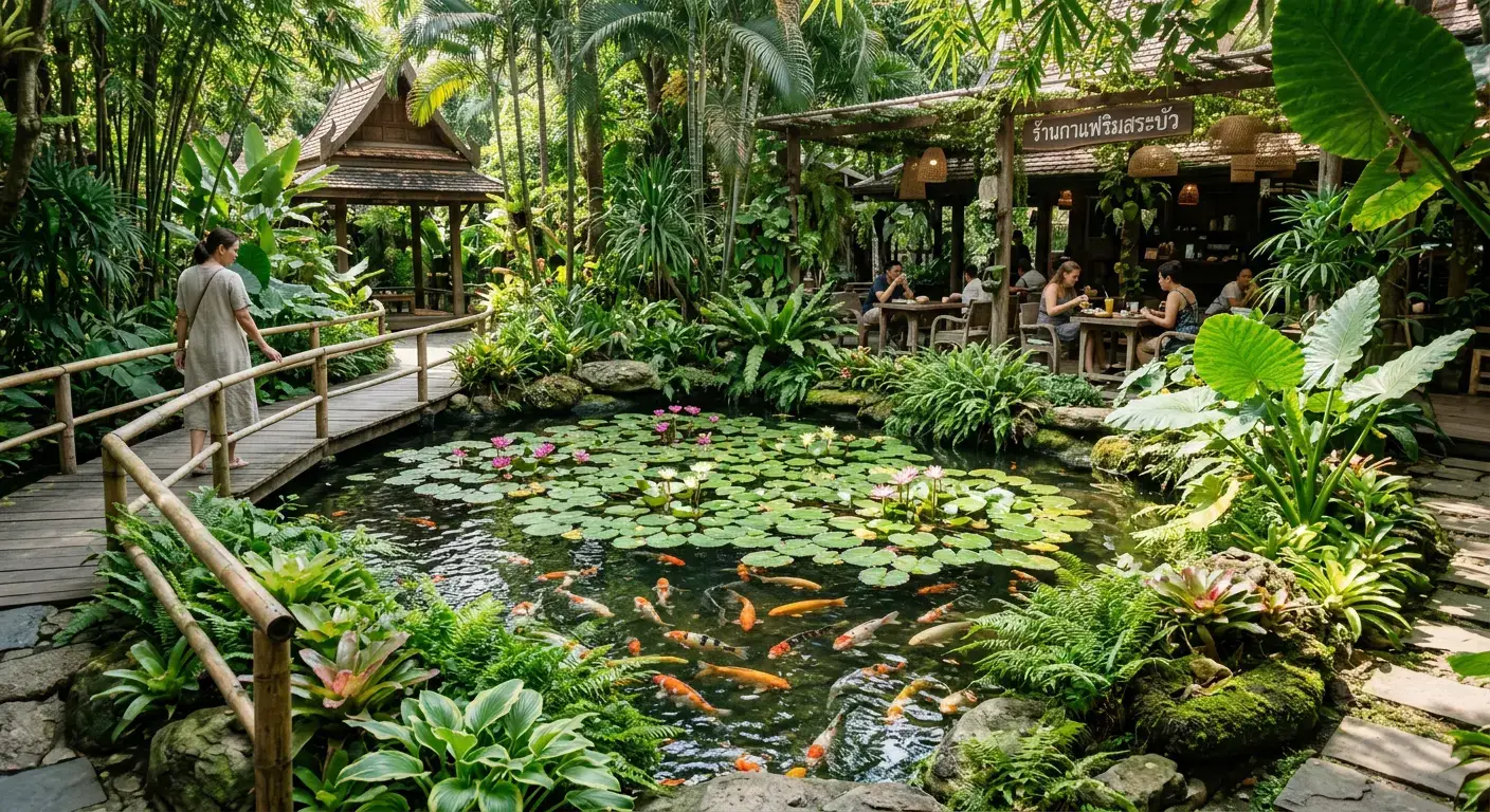 Koi pond with lily pads surrounded by tropical foliage