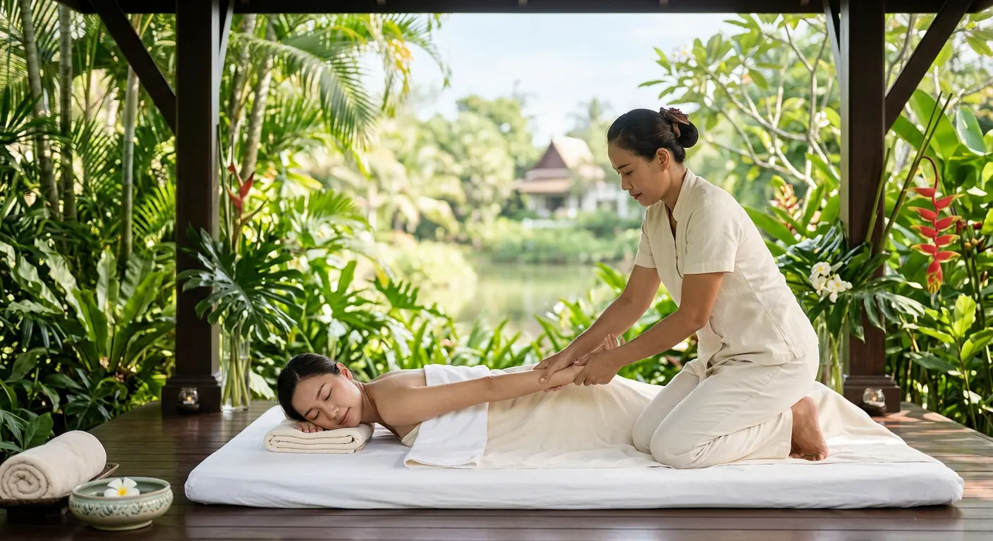 Traditional Thai massage in a tranquil garden pavilion