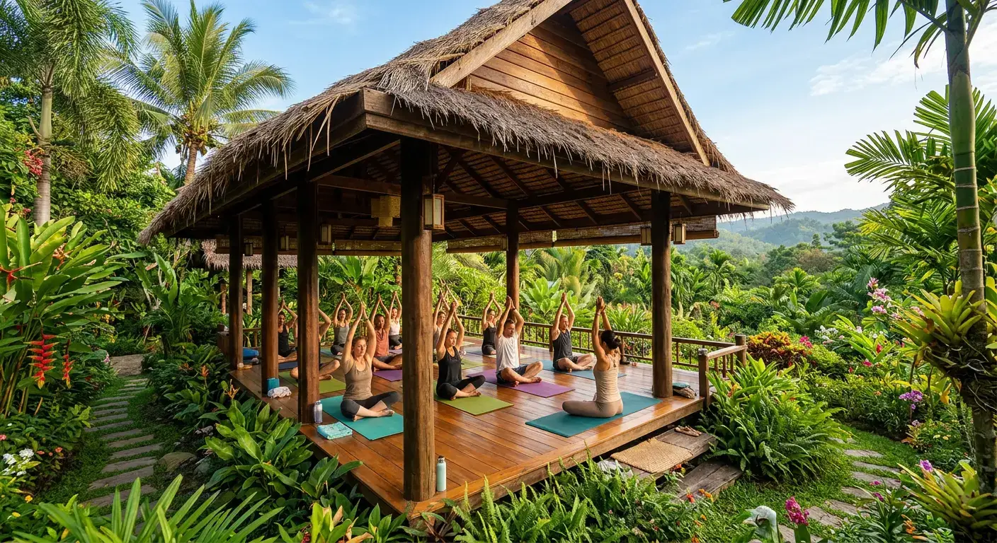 Open-air yoga and training pavilion surrounded by gardens at Village Green